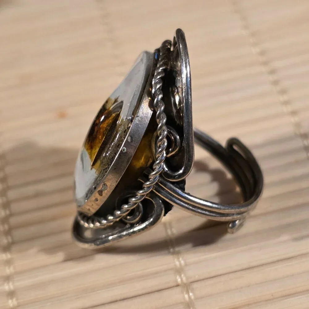 Peruvian Fused Art Glass White Silver Multi Crescent Moon OOAK Artisan Ring